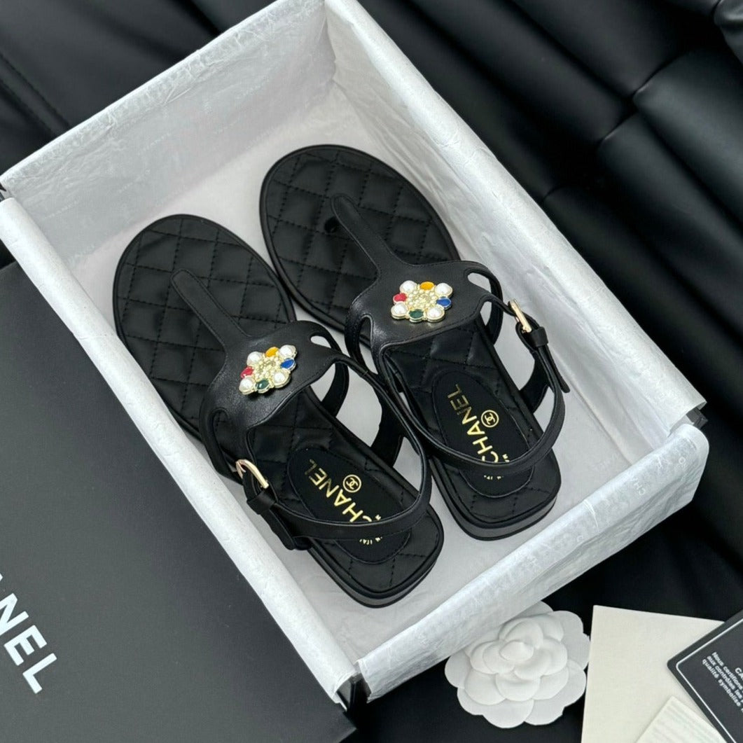 CHANEL Double C Classic One-Strap Sandals Black Lambskin