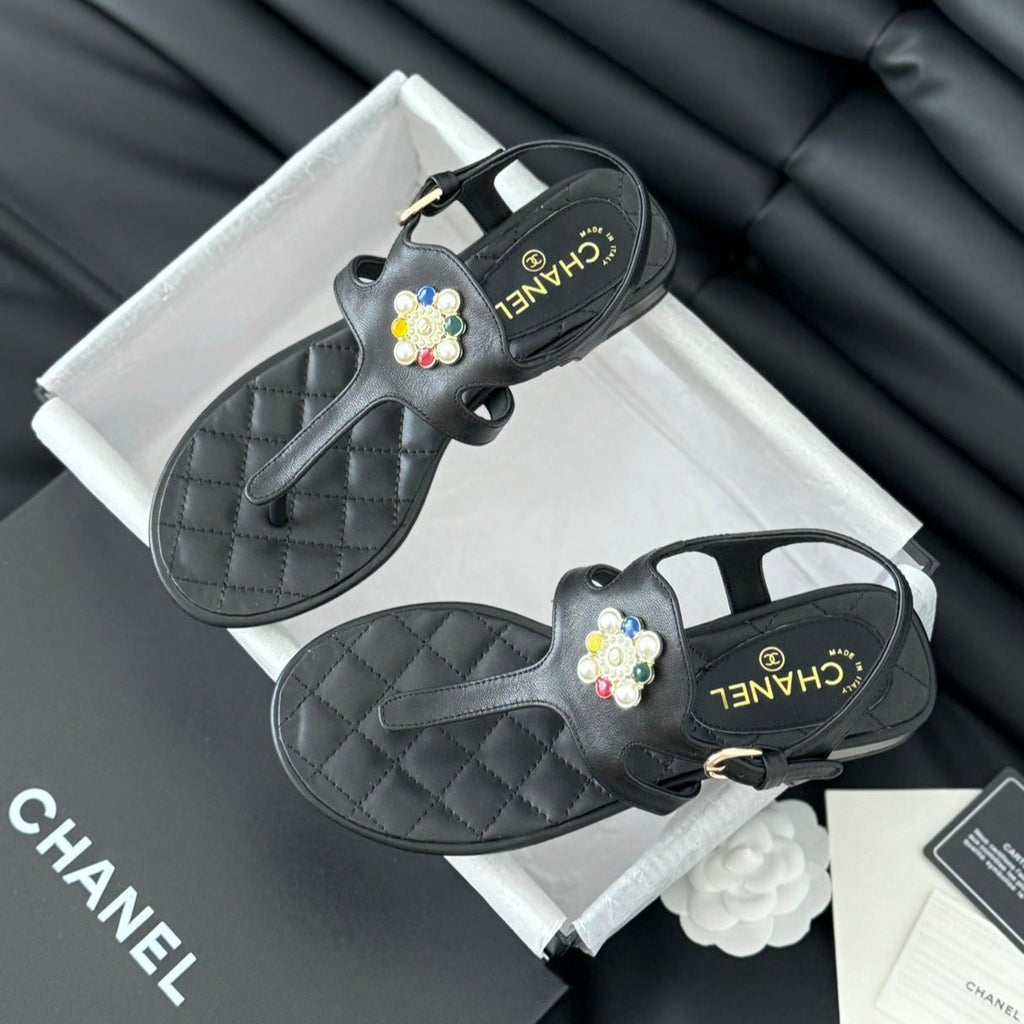 CHANEL Double C Classic One-Strap Sandals Black Lambskin