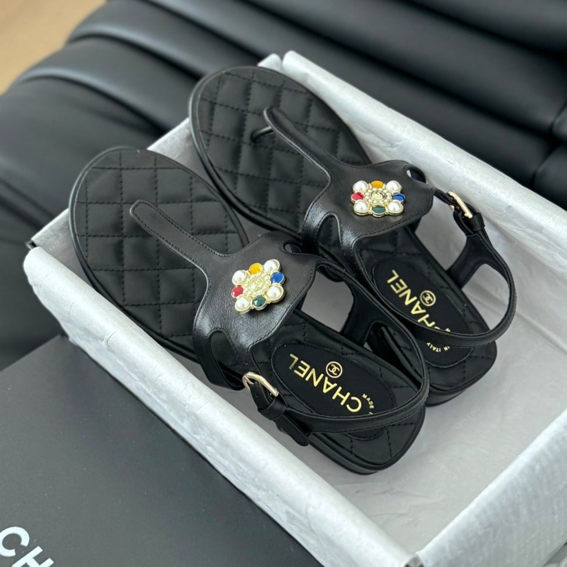CHANEL Double C Classic One-Strap Sandals Black Lambskin