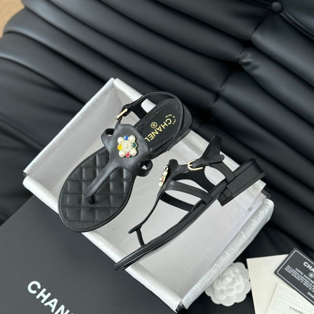 CHANEL Double C Classic One-Strap Sandals Black Lambskin