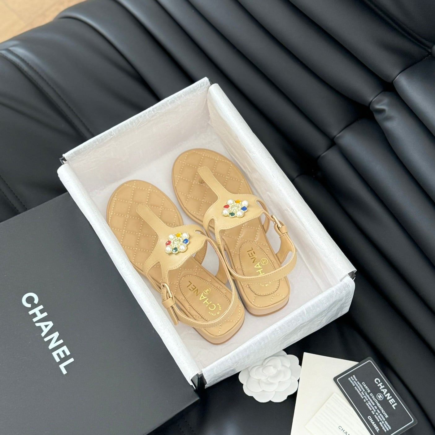 CHANEL Double C Classic One-Strap Sandals Tan Brown Lambskin