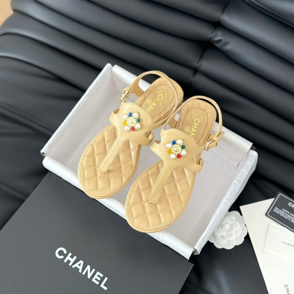 CHANEL Double C Classic One-Strap Sandals Tan Brown Lambskin