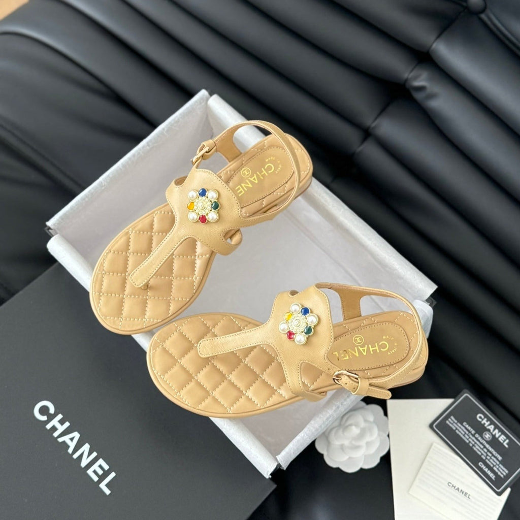 CHANEL Double C Classic One-Strap Sandals Tan Brown Lambskin