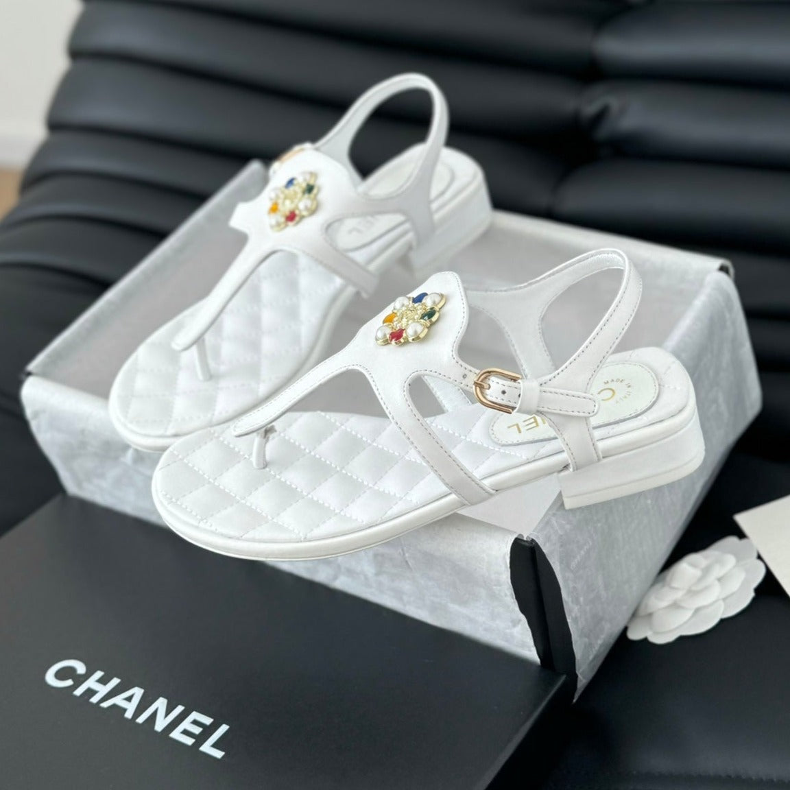CHANEL Double C Classic One-Strap Sandals White Lambskin