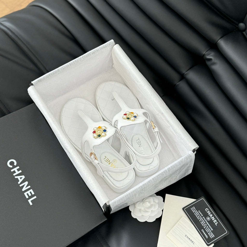 CHANEL Double C Classic One-Strap Sandals White Lambskin