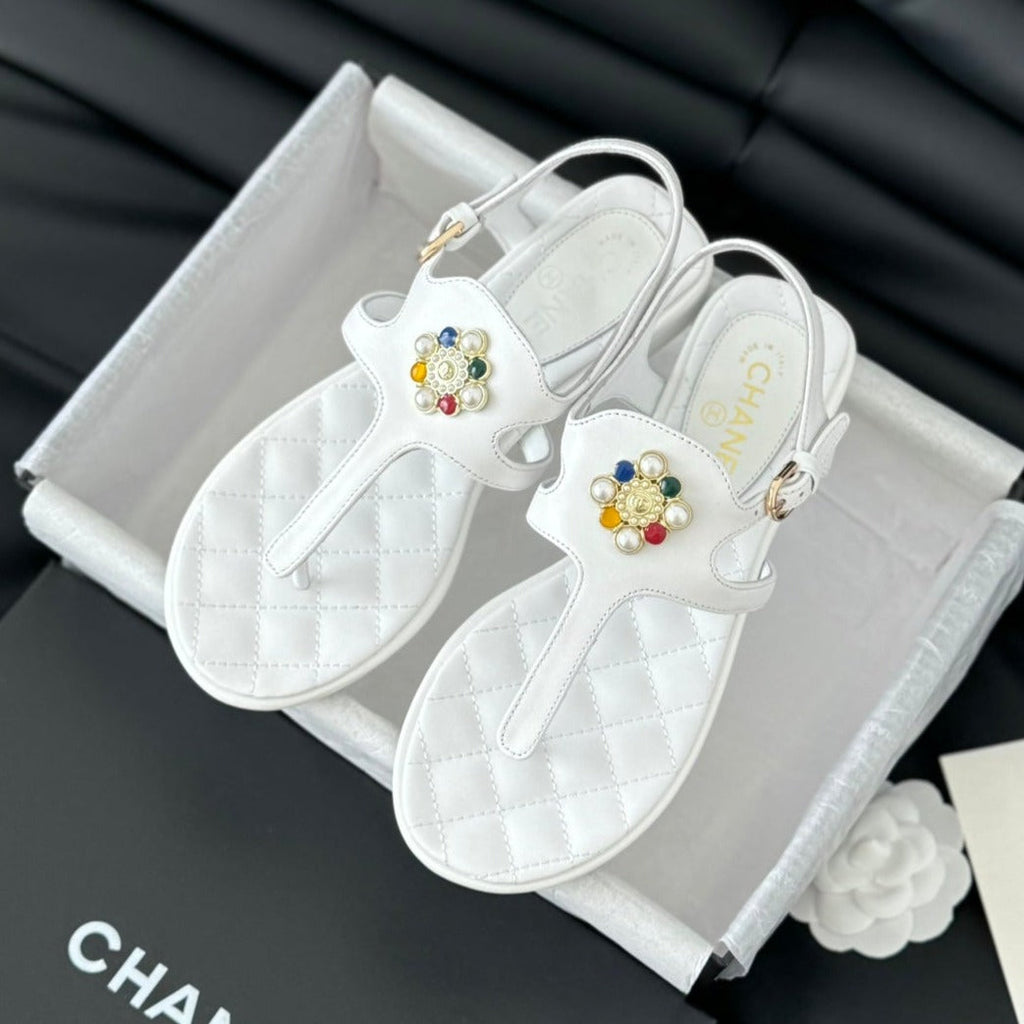 CHANEL Double C Classic One-Strap Sandals White Lambskin
