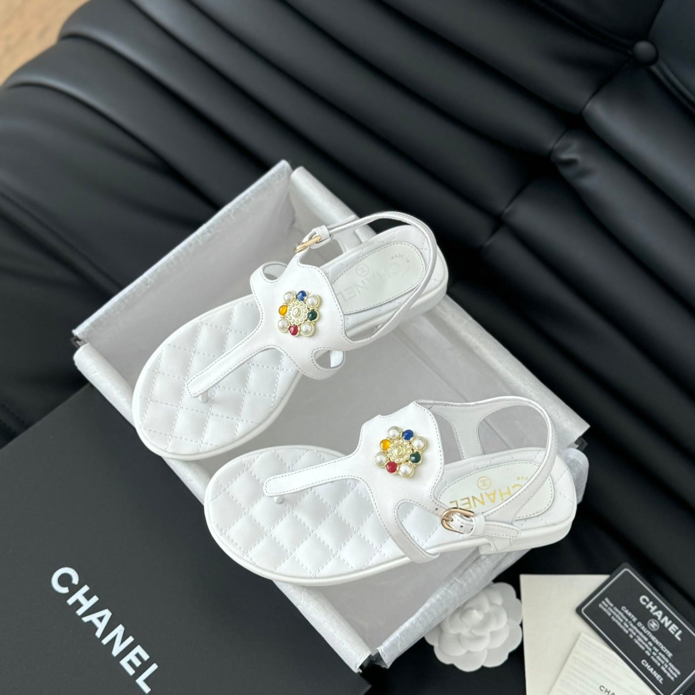 CHANEL Double C Classic One-Strap Sandals White Lambskin
