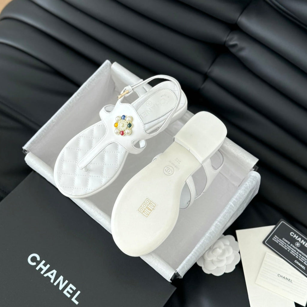 CHANEL Double C Classic One-Strap Sandals White Lambskin