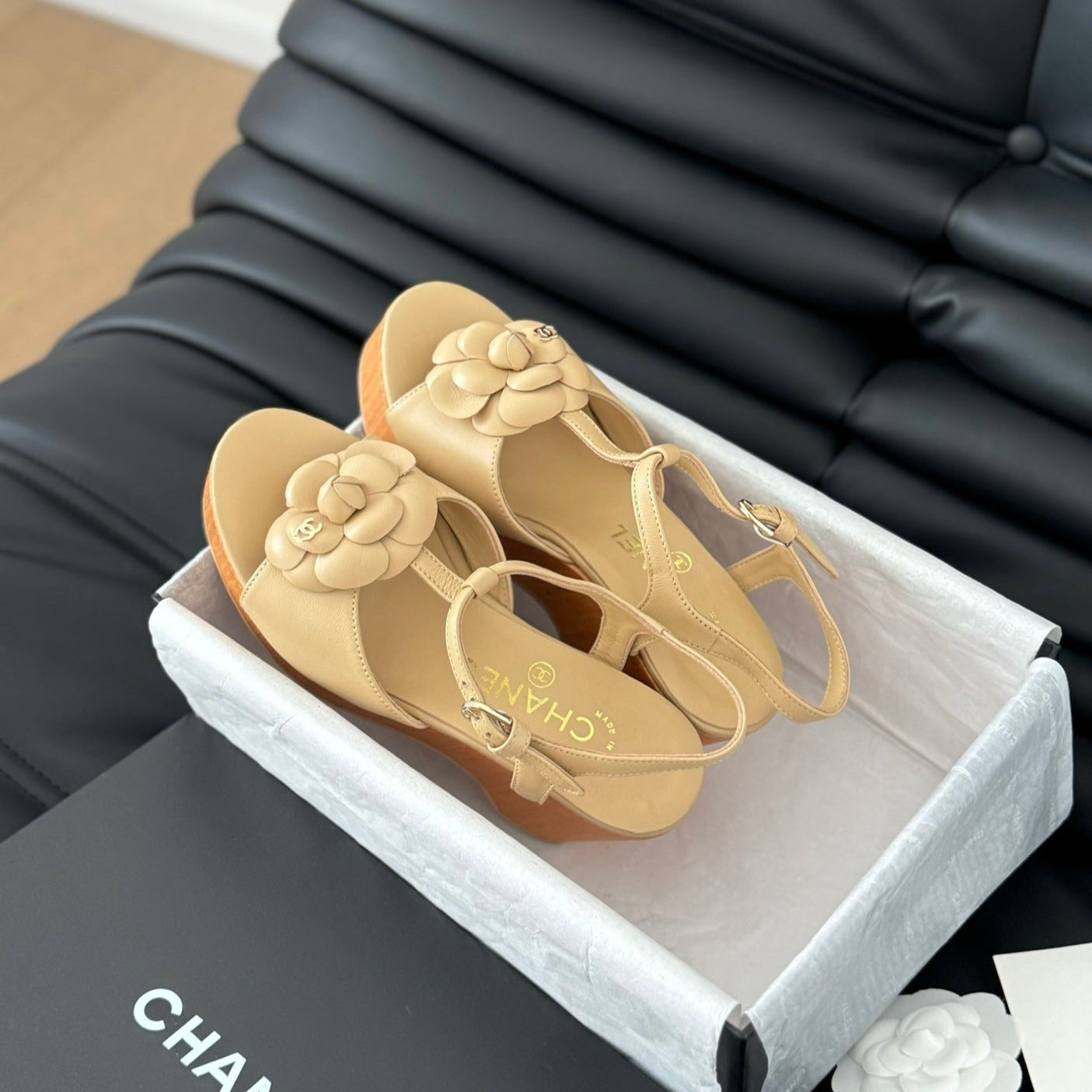 CHANEL Double C New Wood Grain Platform Sandal  Tan Brown Lambskin