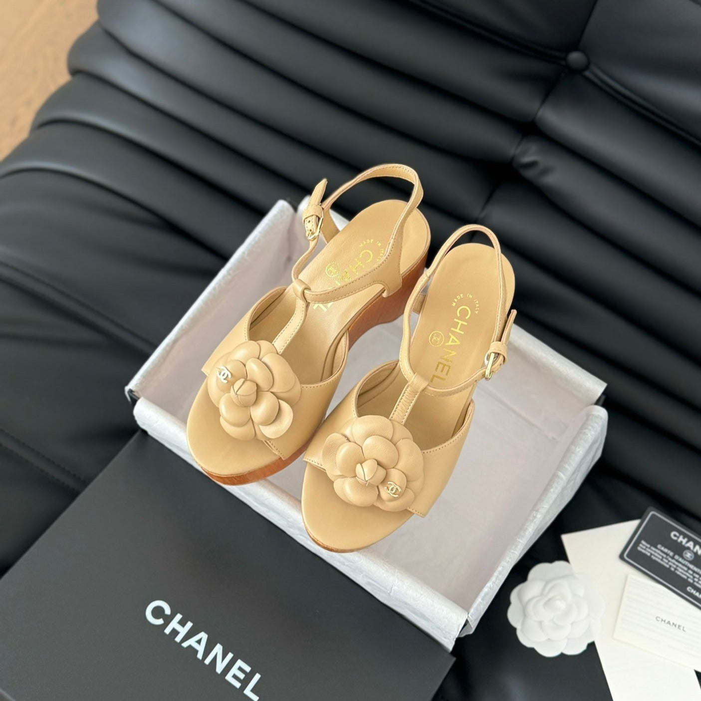 CHANEL Double C New Wood Grain Platform Sandal  Tan Brown Lambskin