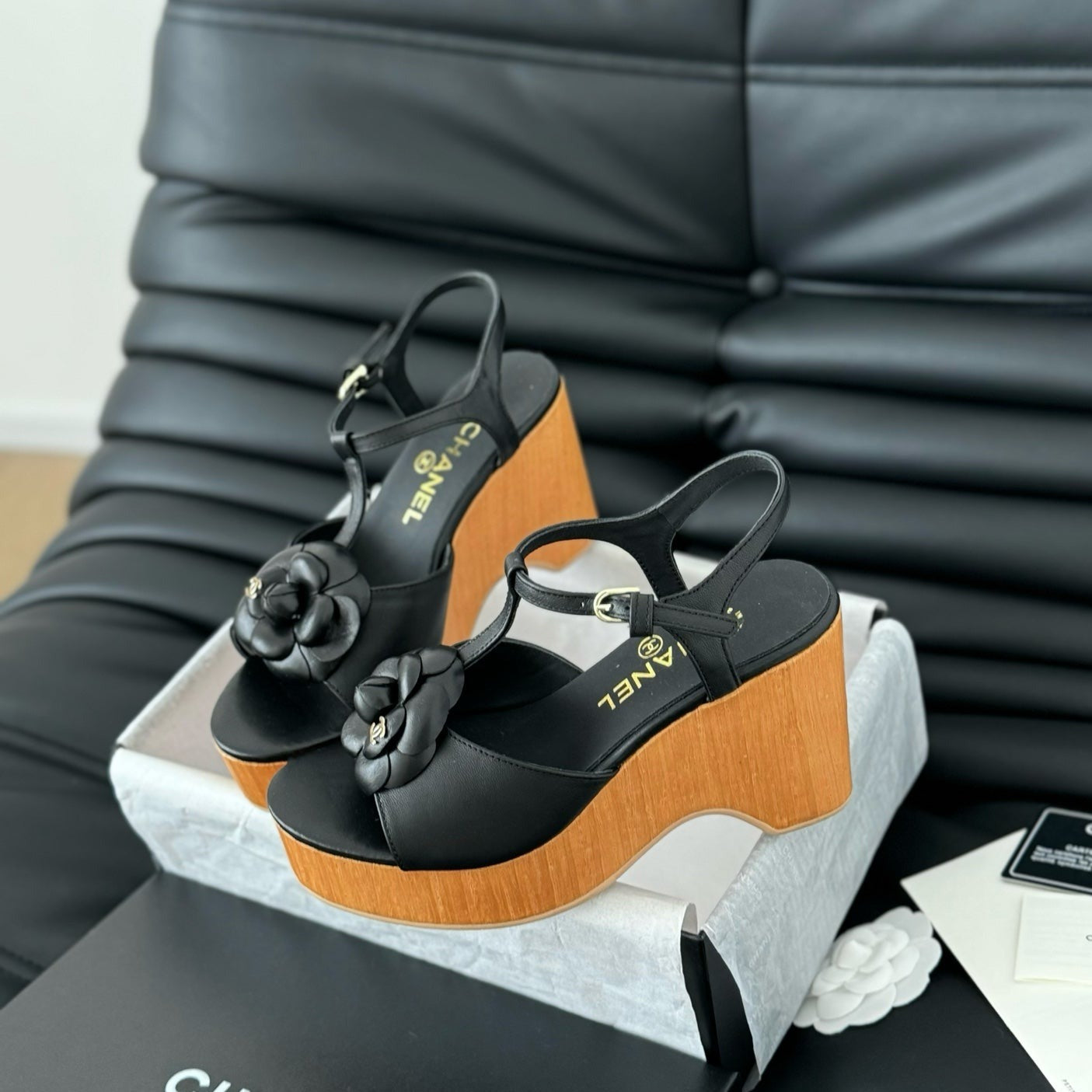 CHANEL Double C New Wood Grain Platform Sandal  Black Lambskin