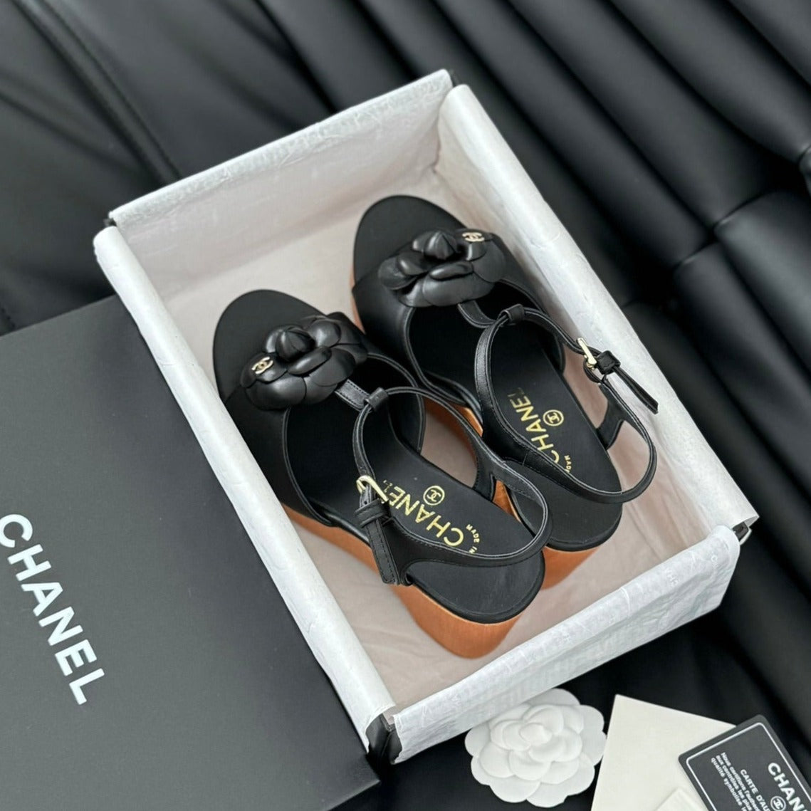 CHANEL Double C New Wood Grain Platform Sandal  Black Lambskin