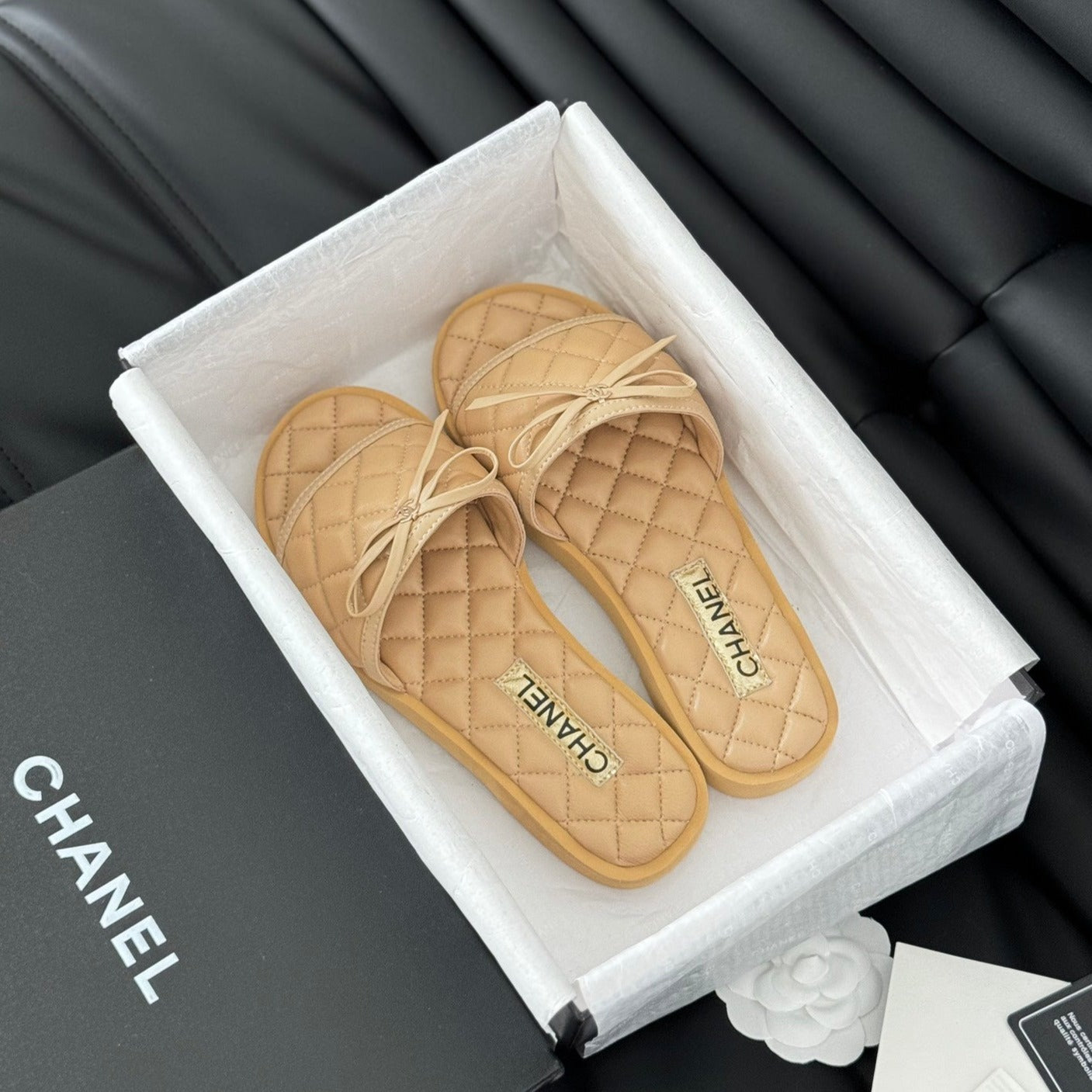 CHANEL Double C  New Butterfly Button Slippers Yellow Cream Lambskin
