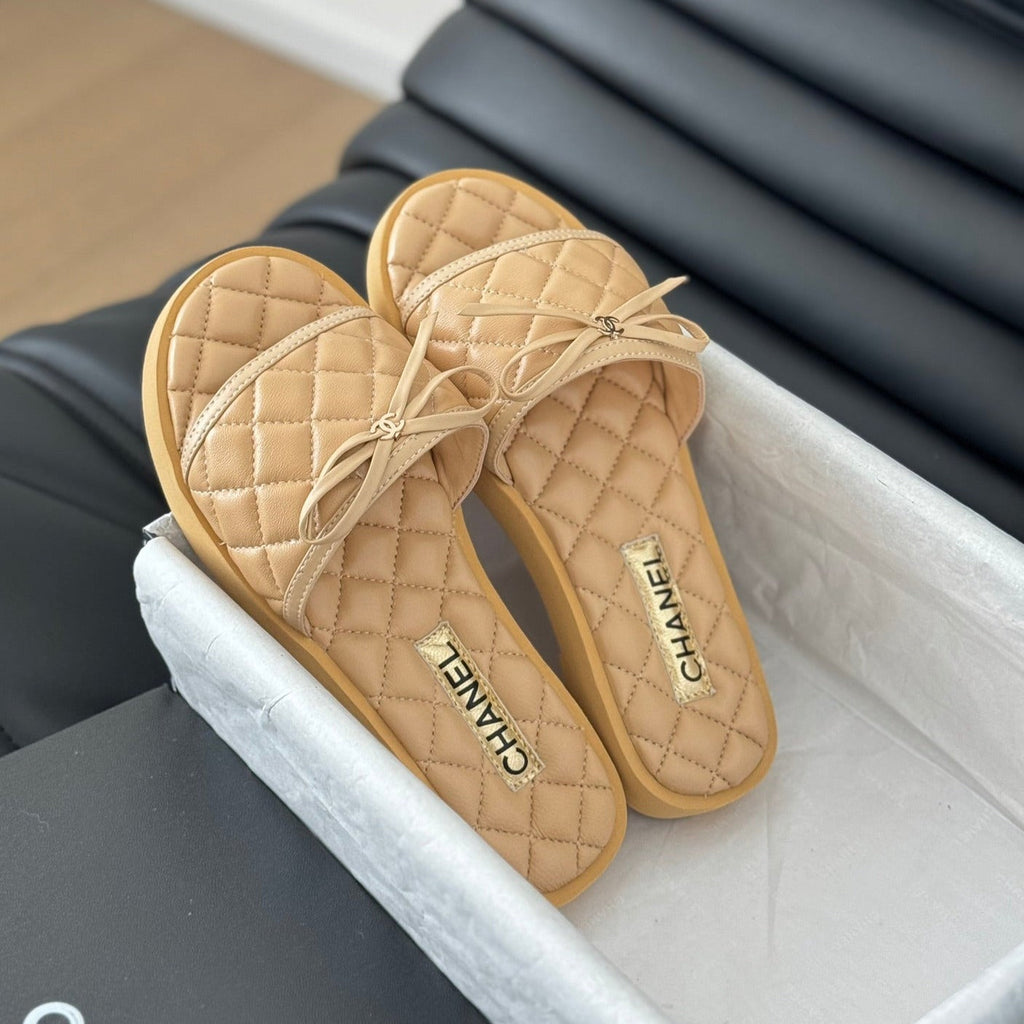 CHANEL Double C  New Butterfly Button Slippers Yellow Cream Lambskin