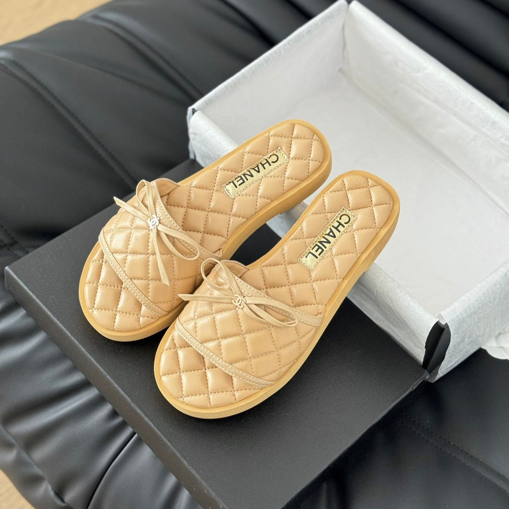 CHANEL Double C  New Butterfly Button Slippers Yellow Cream Lambskin