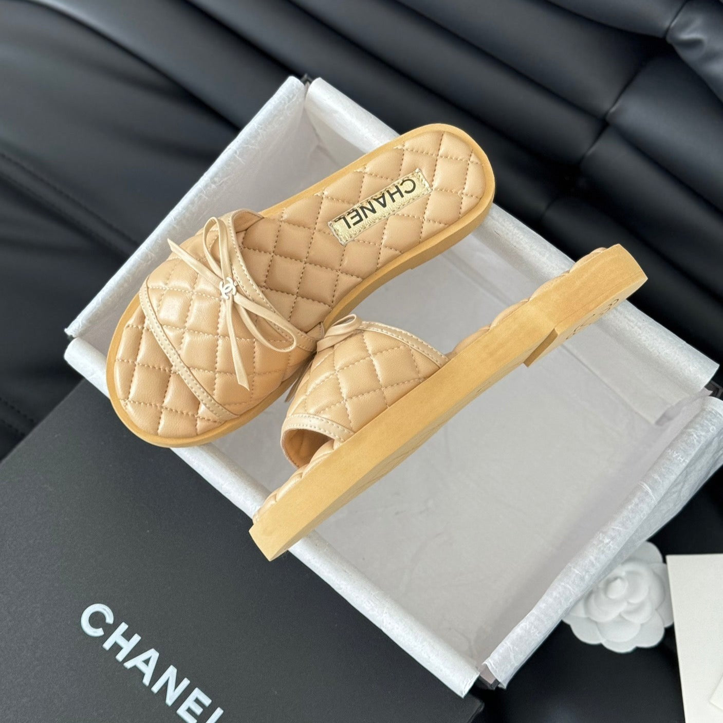 CHANEL Double C  New Butterfly Button Slippers Yellow Cream Lambskin
