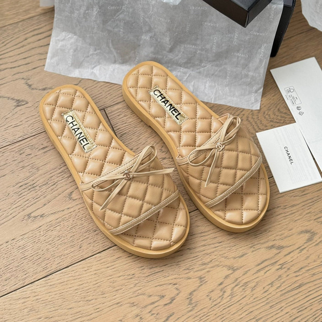 CHANEL Double C  New Butterfly Button Slippers Yellow Cream Lambskin