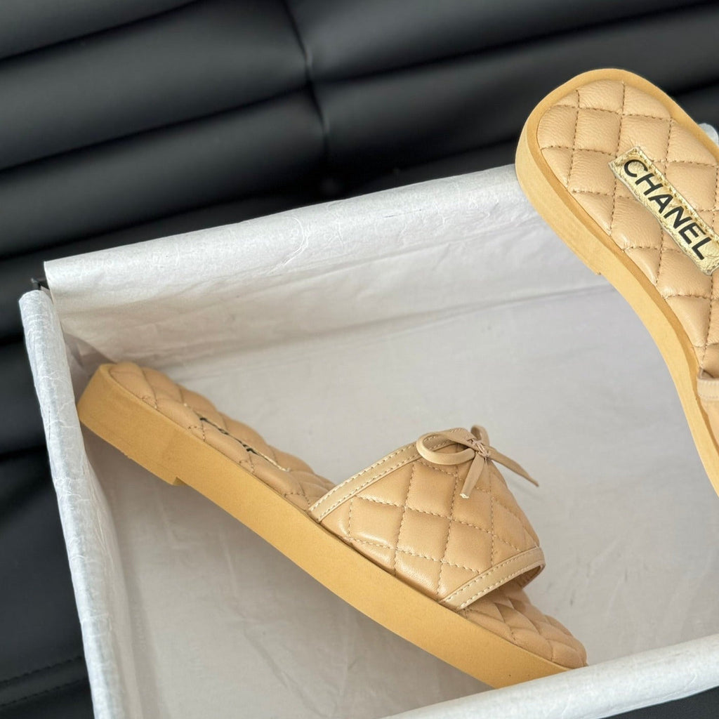 CHANEL Double C  New Butterfly Button Slippers Yellow Cream Lambskin
