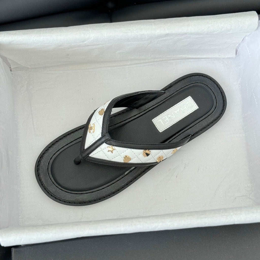 CHANEL Double C Thong Sandals Lambskin Black White