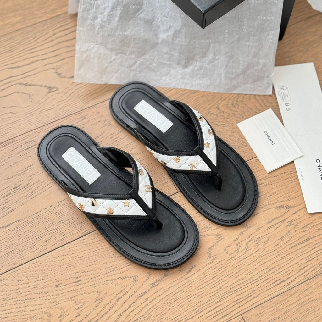 CHANEL Double C Thong Sandals Lambskin Black White