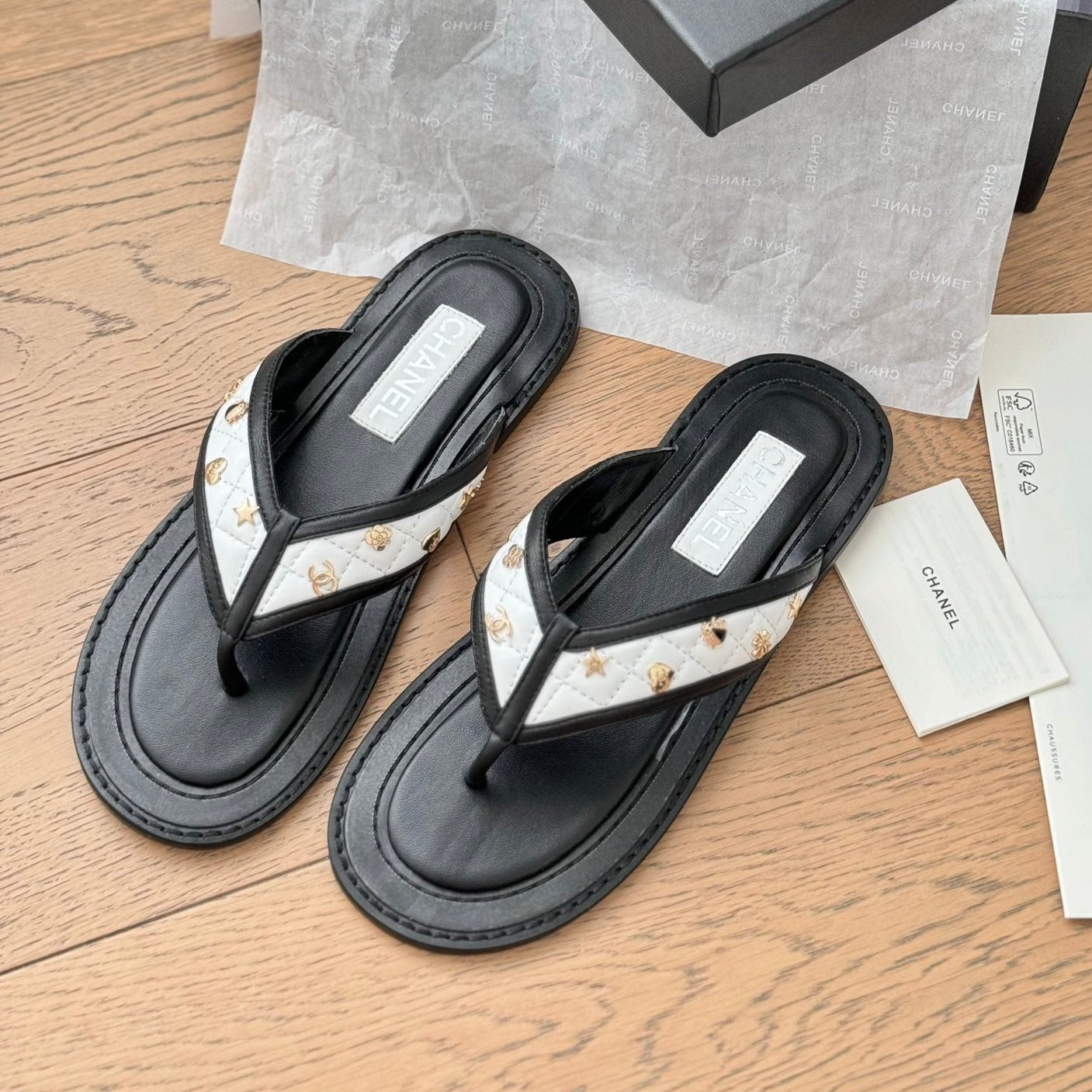 CHANEL Double C Thong Sandals Lambskin Black White