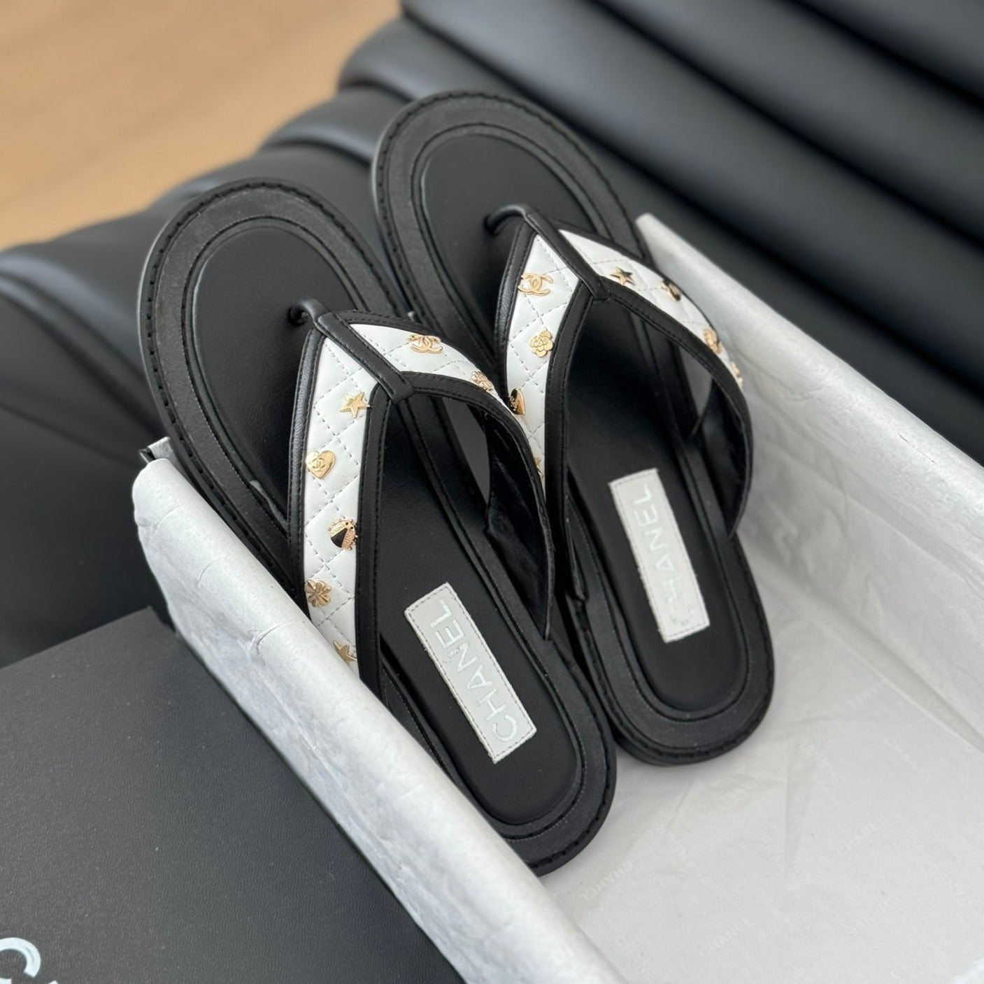CHANEL Double C Thong Sandals Lambskin Black White