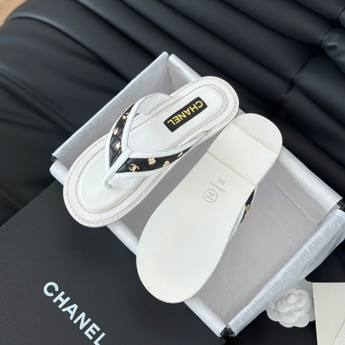 CHANEL Double C Thong Sandals Lambskin White Black