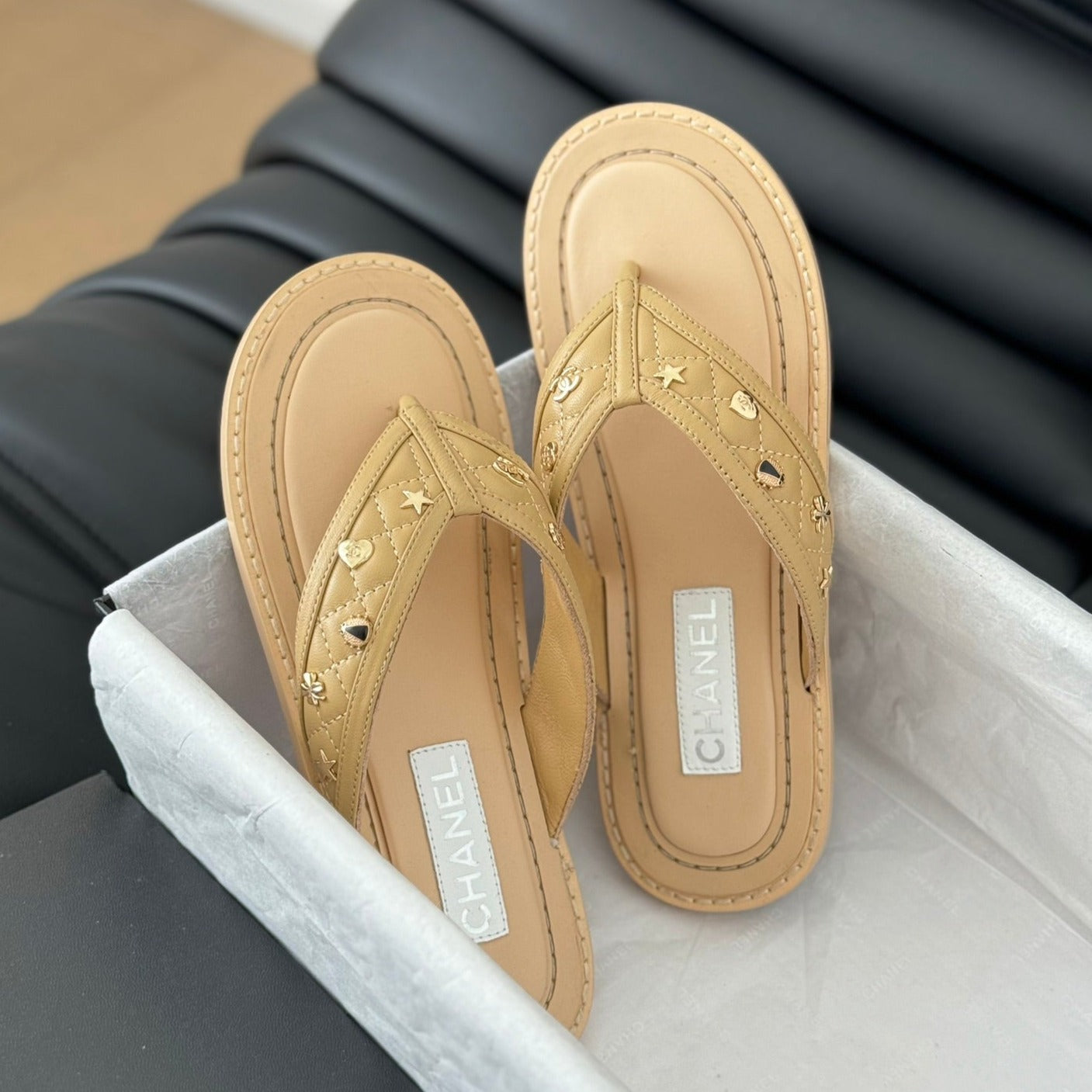 CHANEL Double C Thong Sandals Lambskin Tan Brown