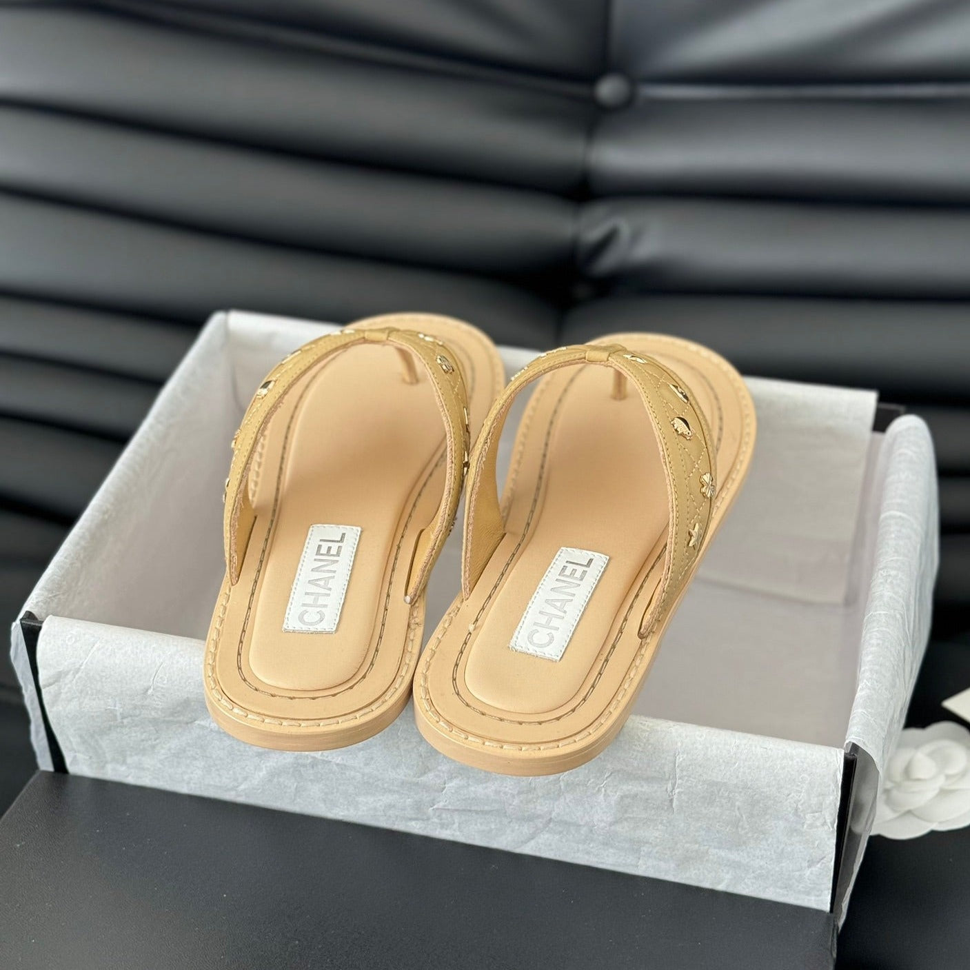 CHANEL Double C Thong Sandals Lambskin Tan Brown