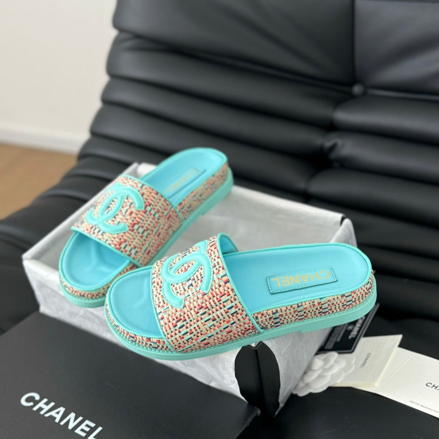 CHANEL Slippers Sheepskin Azure Blue