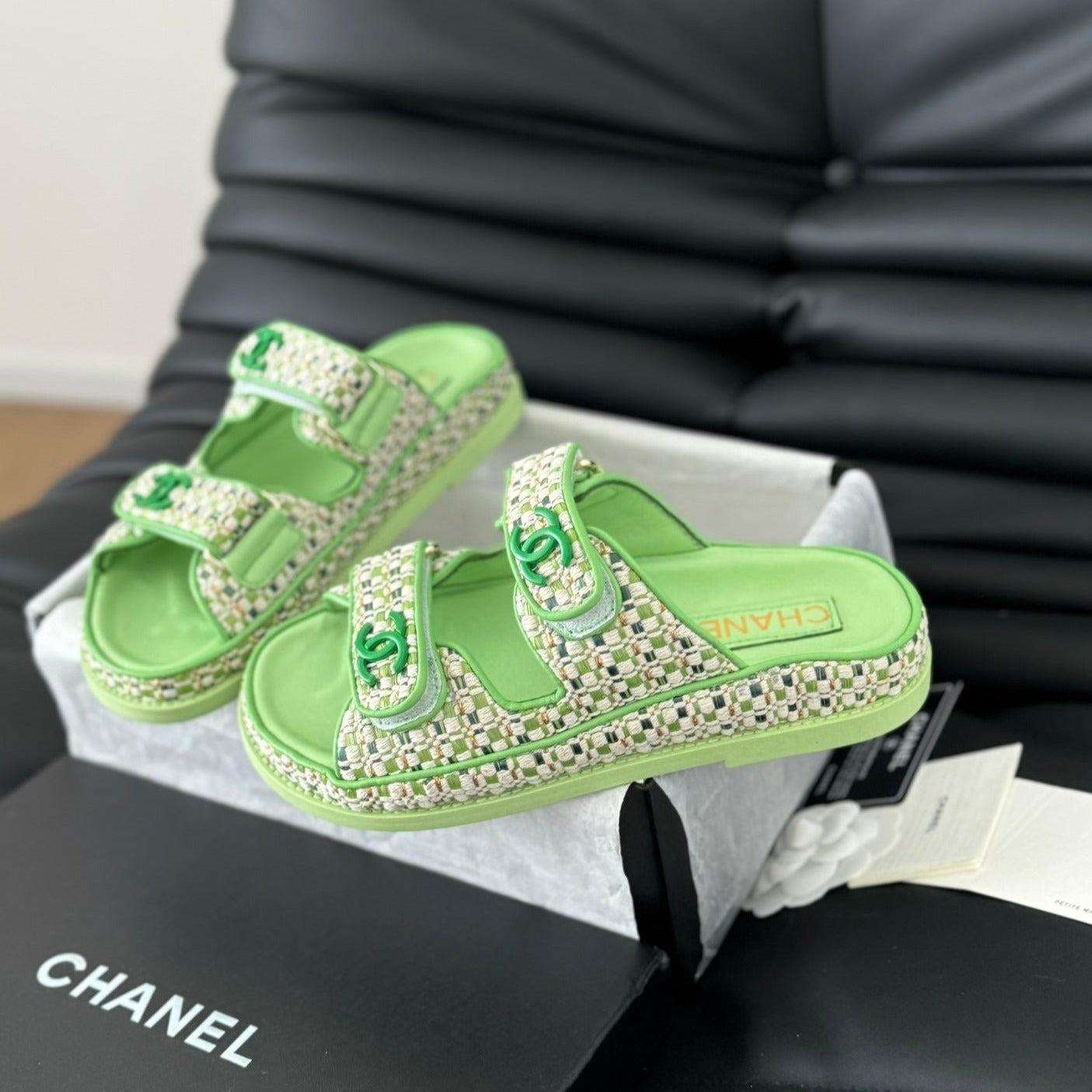 CHANEL Mule Sandals Sheepskin  Light Green