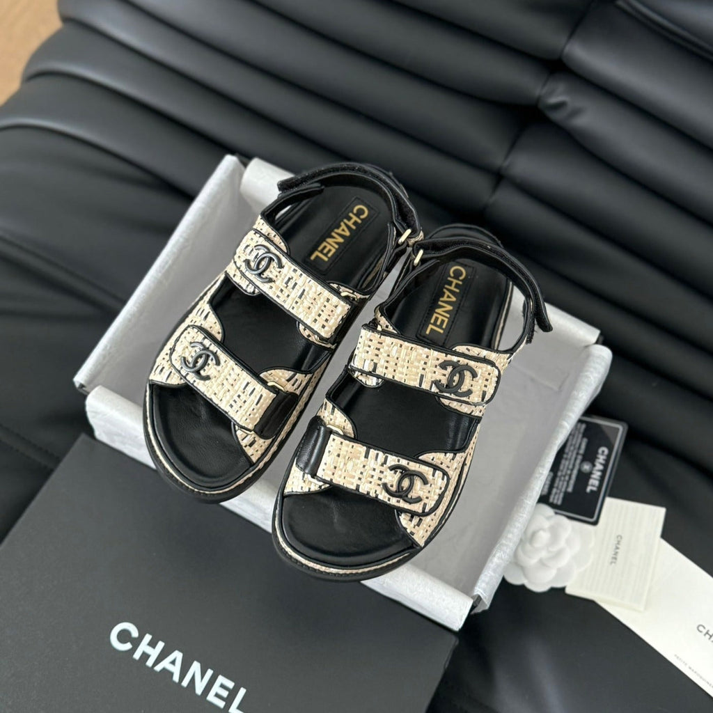 CHANEL Dad Sandals Sheepskin  Beige Black