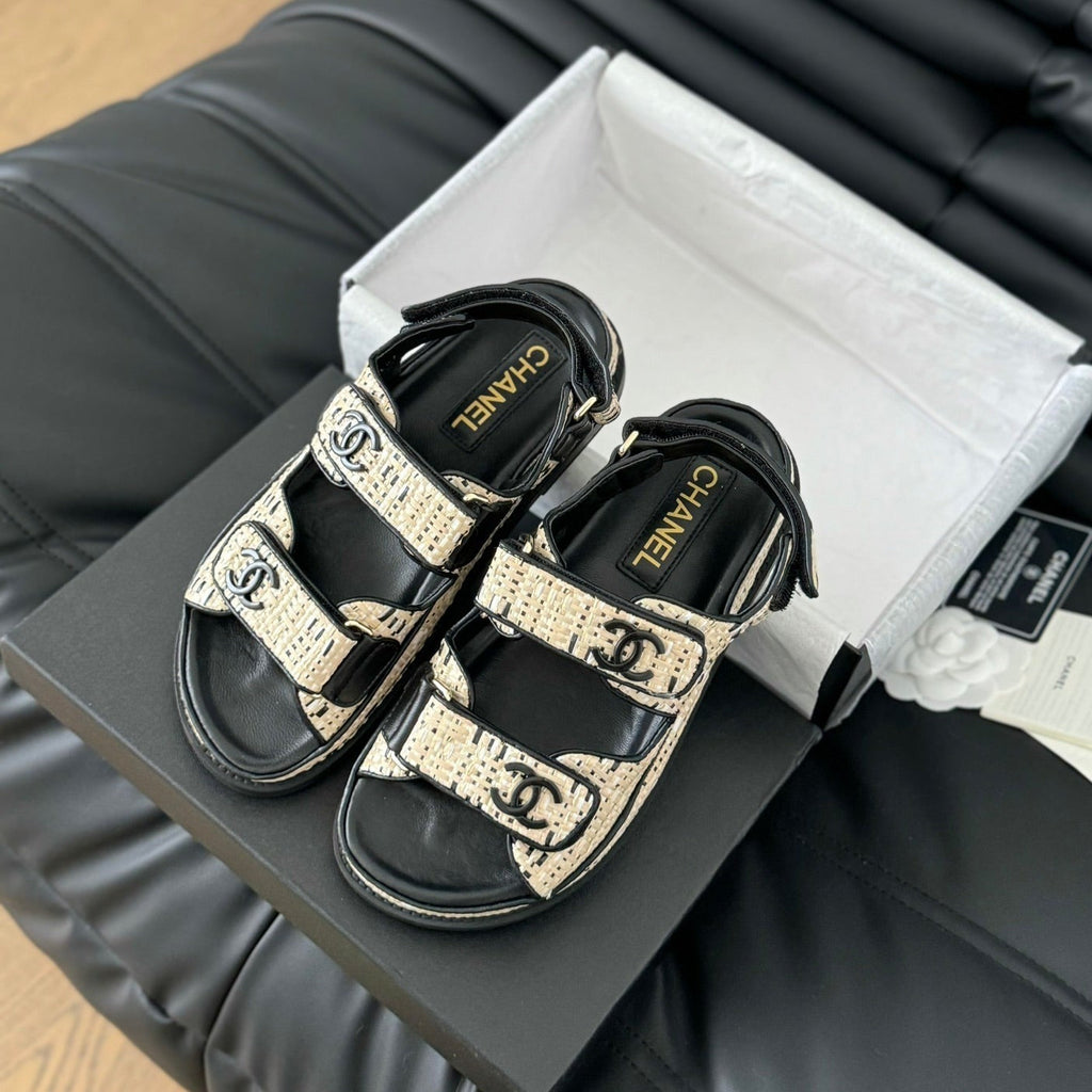 CHANEL Dad Sandals Sheepskin  Beige Black