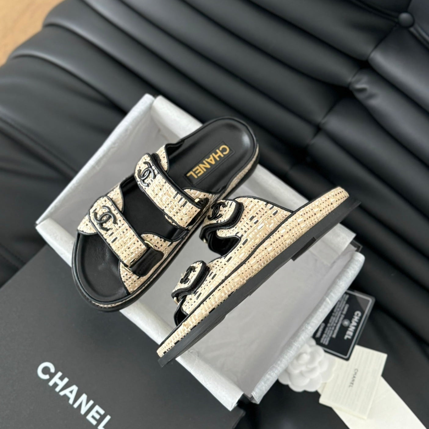 CHANEL Mule Sandals Sheepskin Beige Black