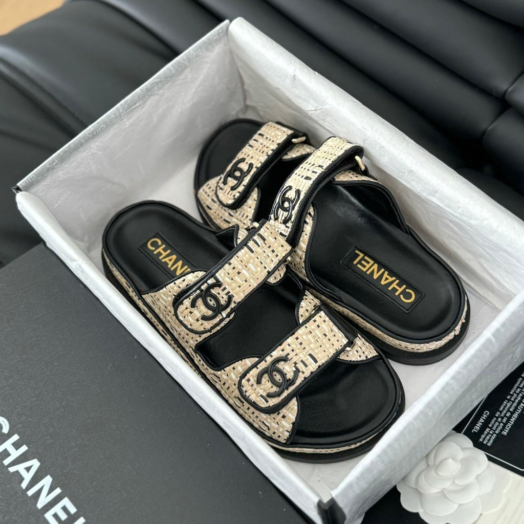 CHANEL Mule Sandals Sheepskin Beige Black