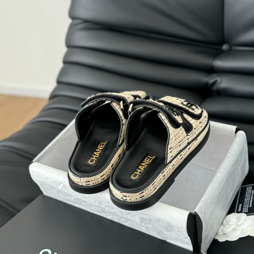 CHANEL Mule Sandals Sheepskin Beige Black