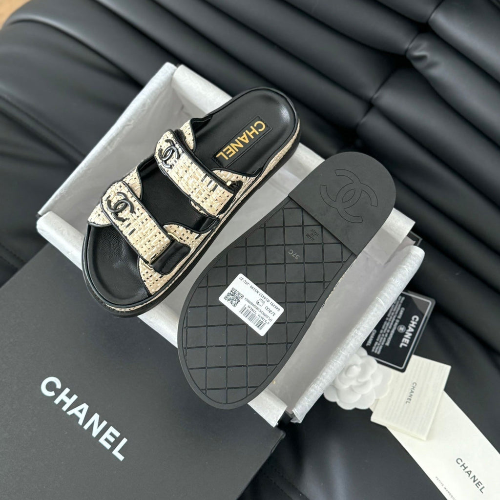 CHANEL Mule Sandals Sheepskin Beige Black