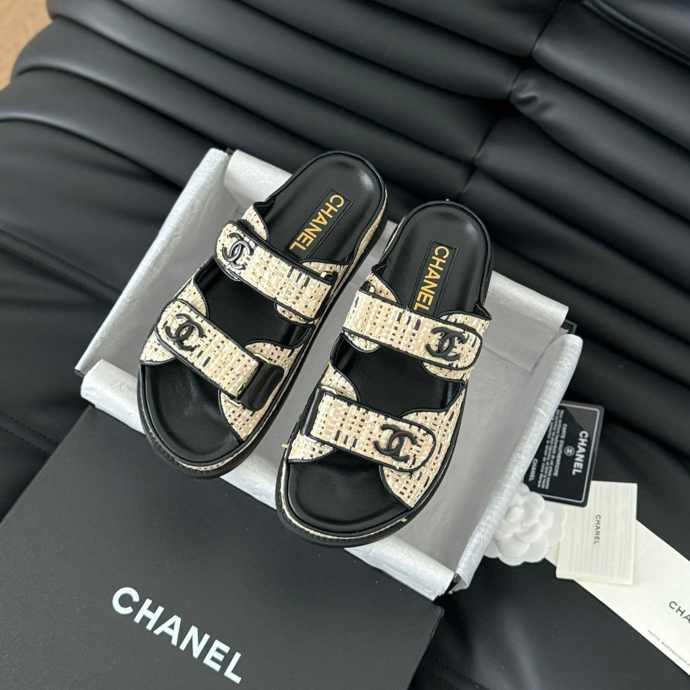 CHANEL Mule Sandals Sheepskin Beige Black