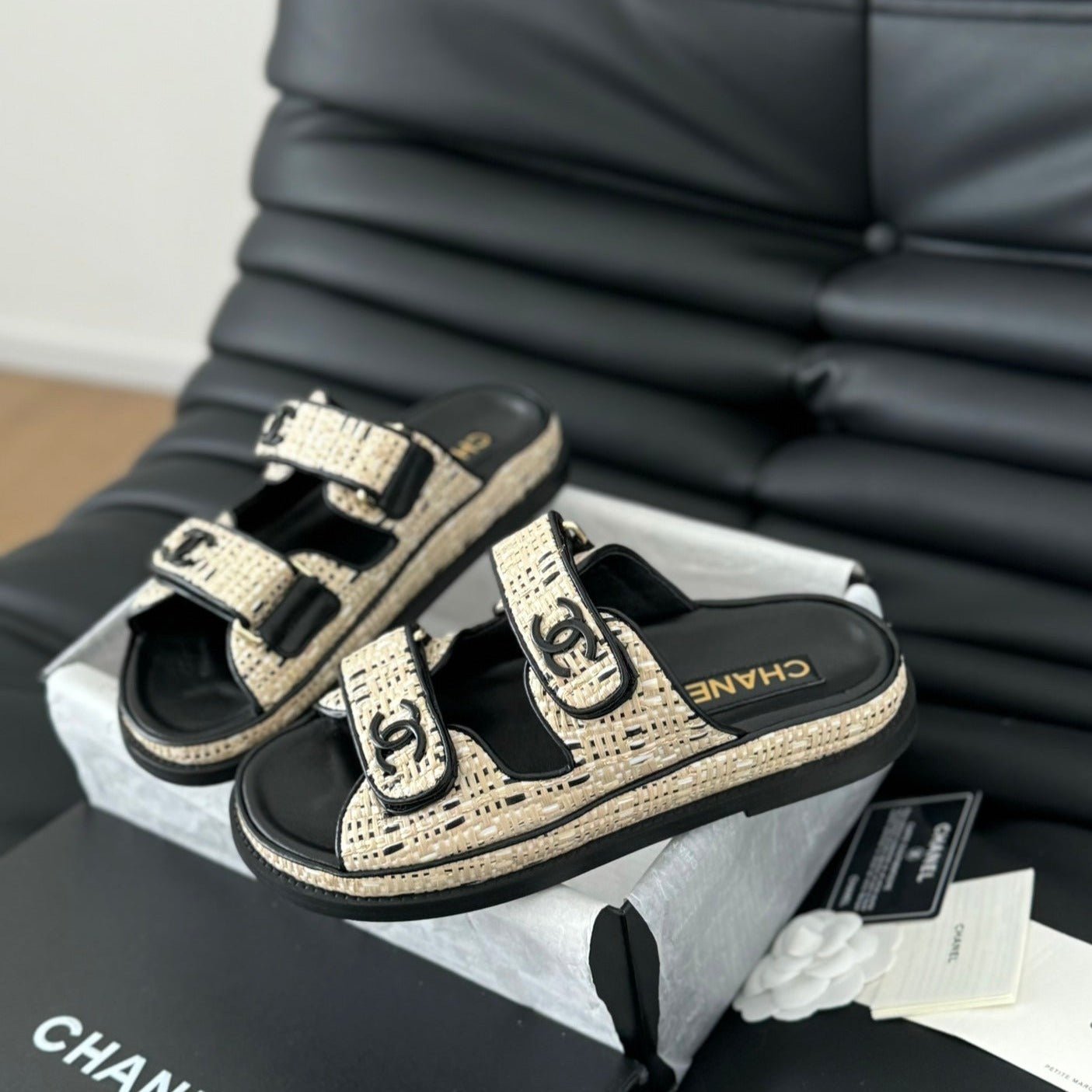 CHANEL Mule Sandals Sheepskin Beige Black