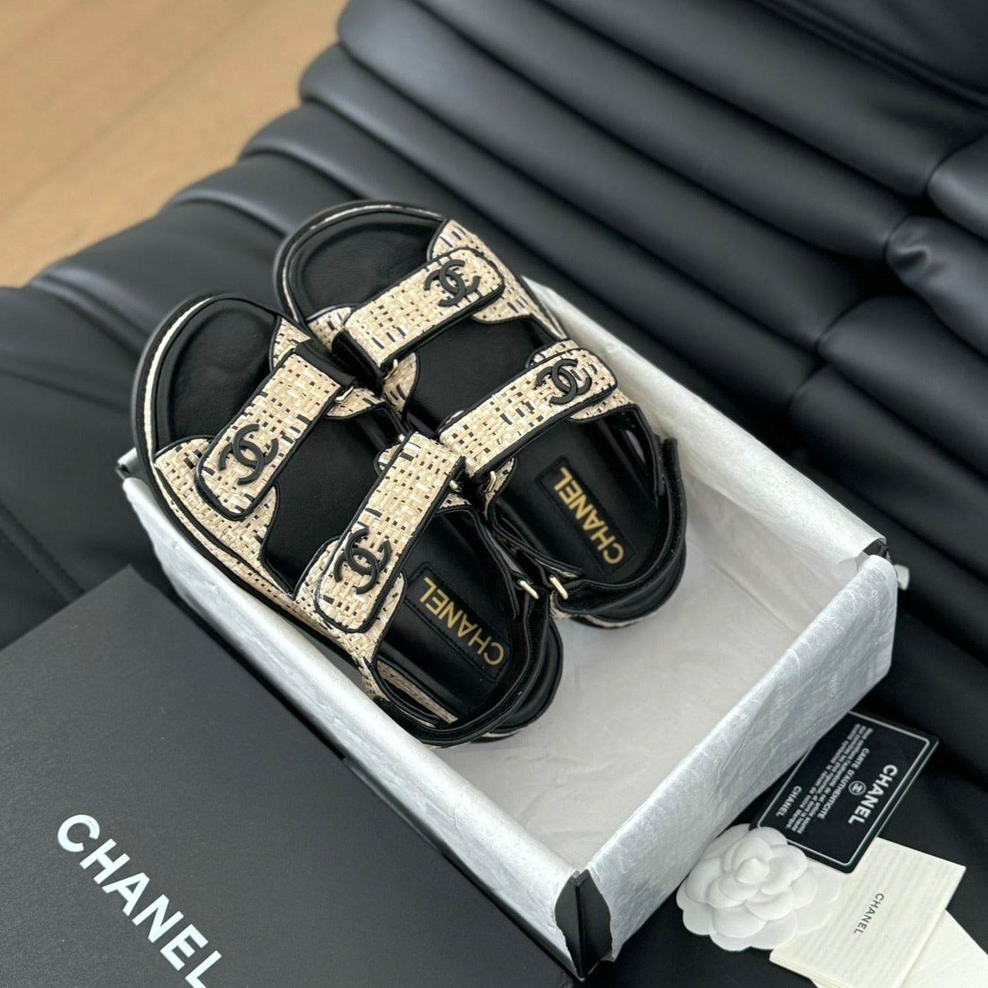 CHANEL Dad Sandals Sheepskin  Beige Black