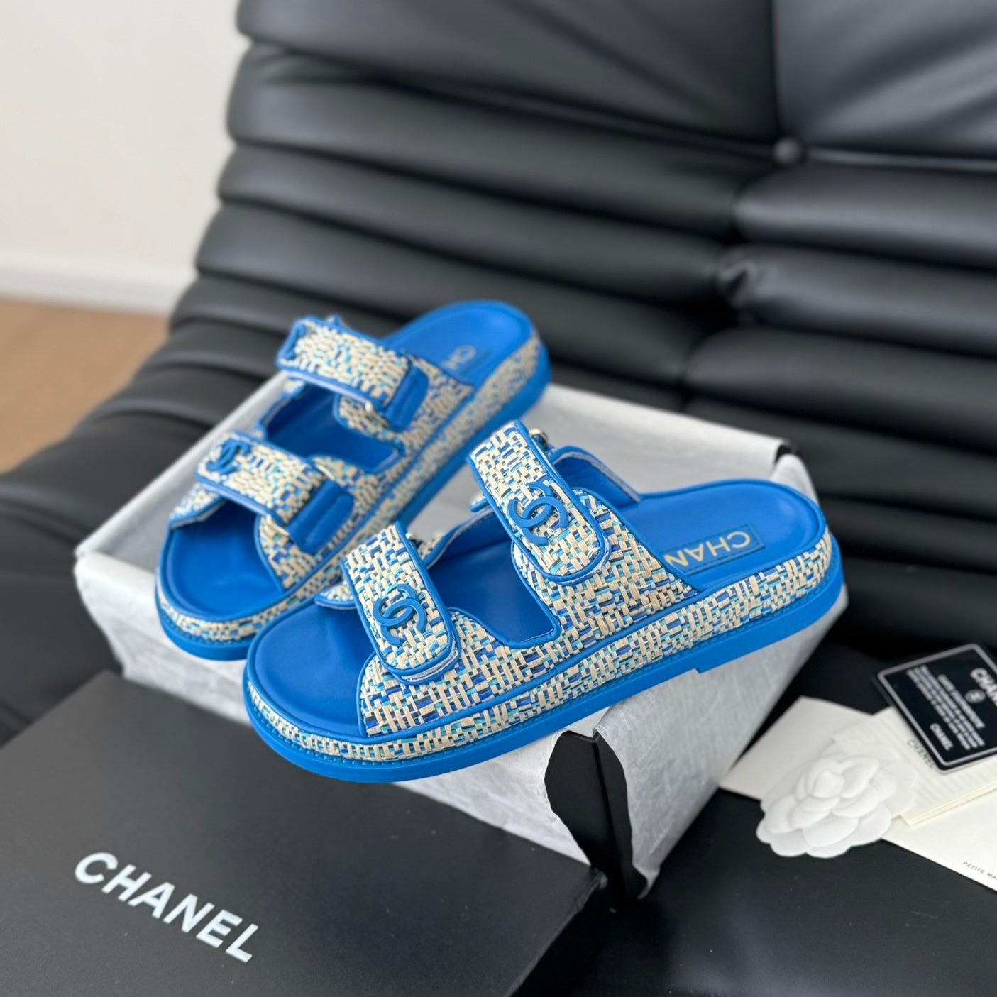 CHANEL Mule Sandanls Sheepskin Cobalt Blue