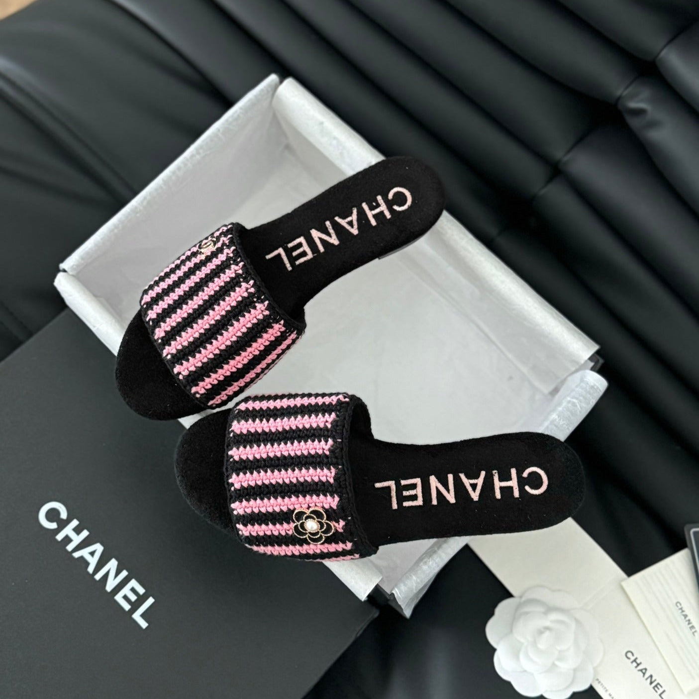CHANEL Sheepskins Knit Slippers Black Pink
