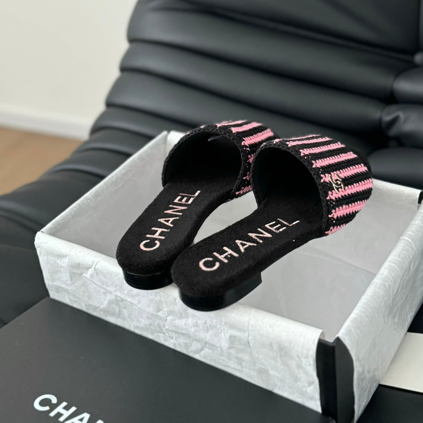 CHANEL Sheepskins Knit Slippers Black Pink