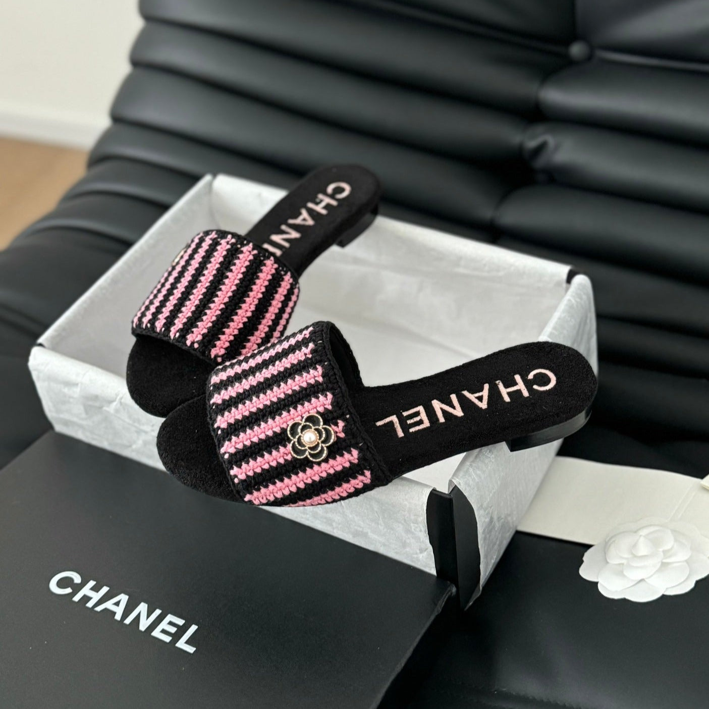 CHANEL Sheepskins Knit Slippers Black Pink