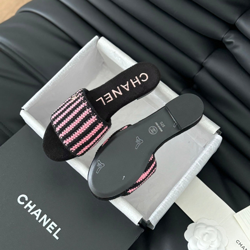 CHANEL Sheepskins Knit Slippers Black Pink