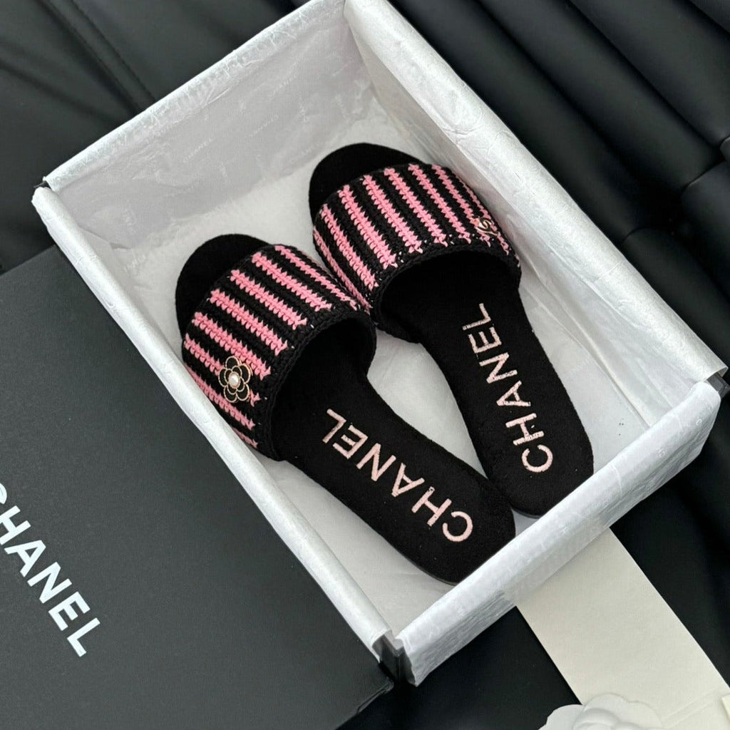 CHANEL Sheepskins Knit Slippers Black Pink