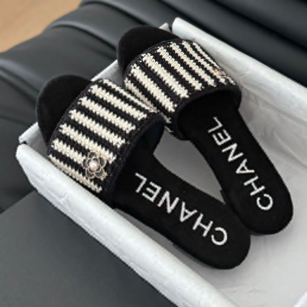 CHANEL Sheepskins Knit Slippers Black White