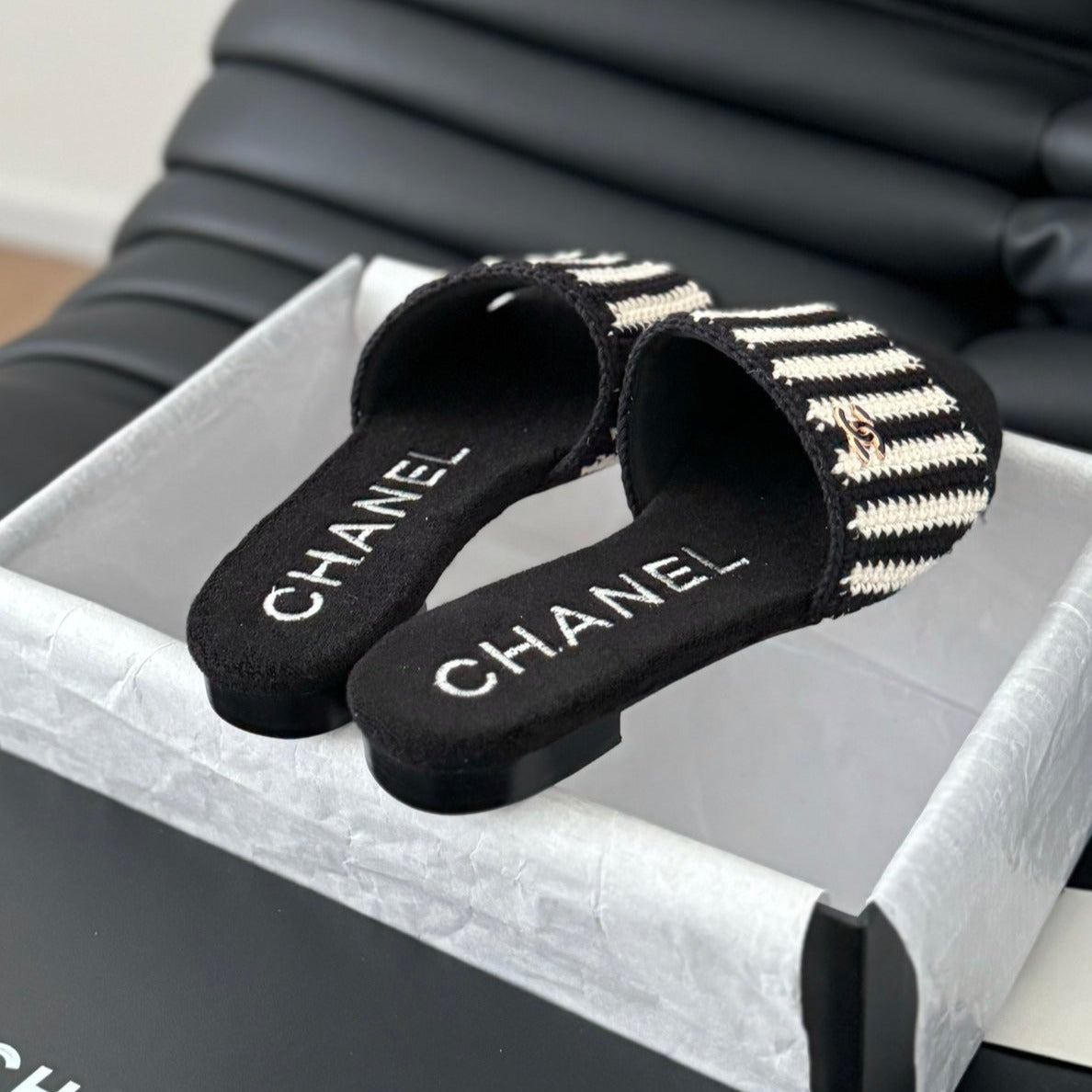 CHANEL Sheepskins Knit Slippers Black White