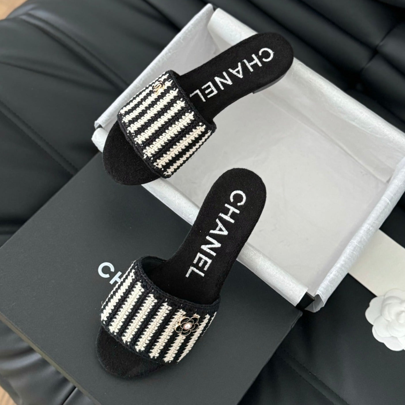 CHANEL Sheepskins Knit Slippers Black White