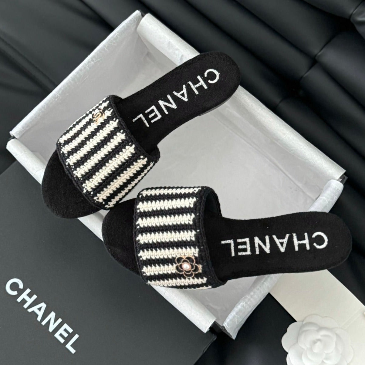 CHANEL Sheepskins Knit Slippers Black White